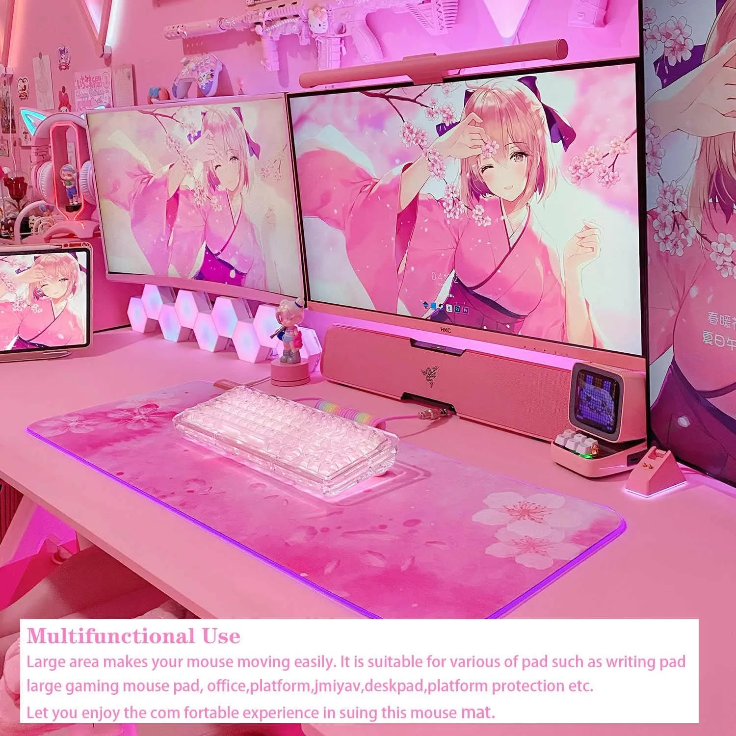 RGB Cherry Blossom Gaming Mouse Pad Pink 31.5x12 Inch PC XL Large Extended Glowing Led Light Up Desk Pad Non-Slip Rubber Base Computer Keyboard and Mouse Pad Cute Mousepad