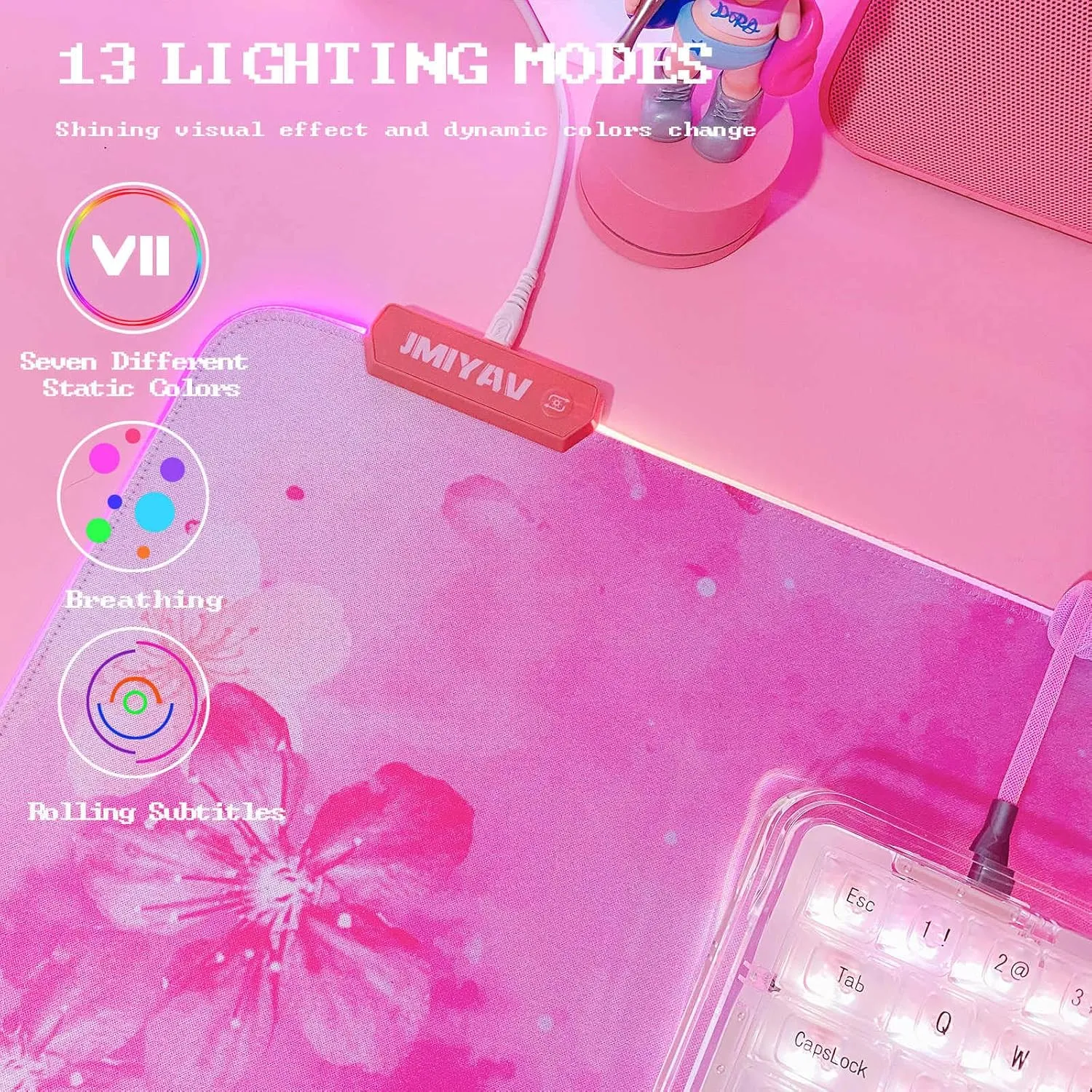 RGB Cherry Blossom Gaming Mouse Pad Pink 31.5x12 Inch PC XL Large Extended Glowing Led Light Up Desk Pad Non-Slip Rubber Base Computer Keyboard and Mouse Pad Cute Mousepad