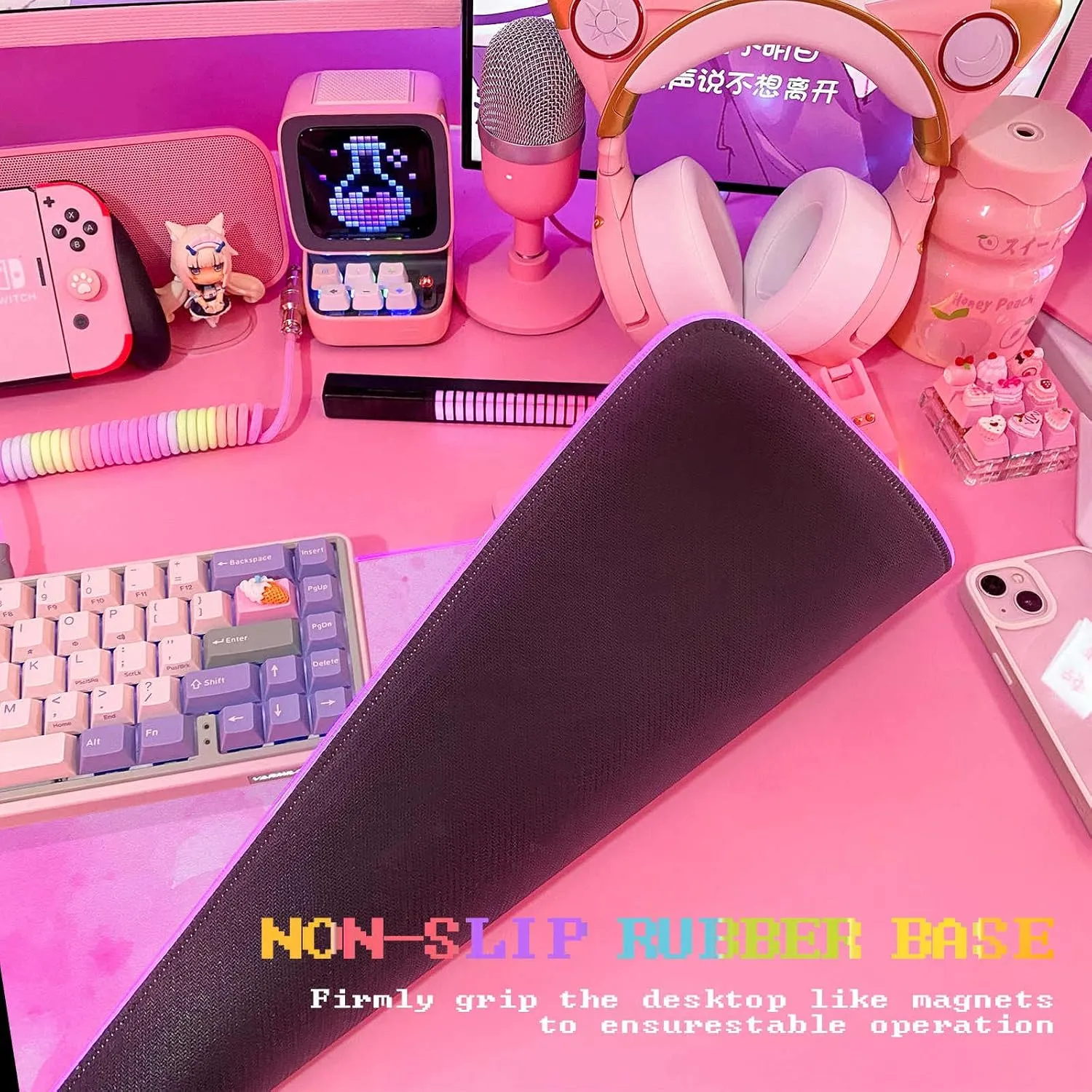RGB Cherry Blossom Gaming Mouse Pad Pink 31.5x12 Inch PC XL Large Extended Glowing Led Light Up Desk Pad Non-Slip Rubber Base Computer Keyboard and Mouse Pad Cute Mousepad