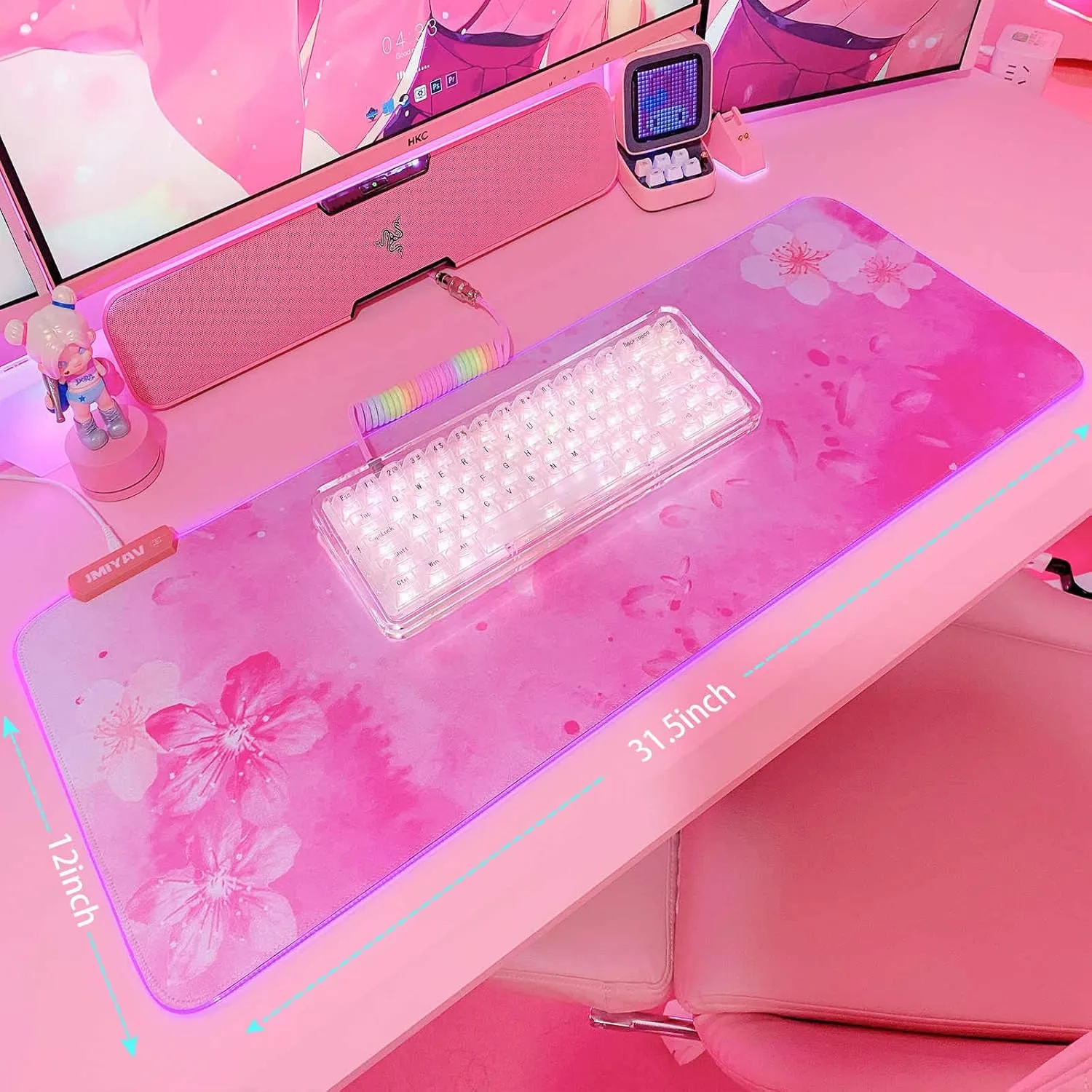 RGB Cherry Blossom Gaming Mouse Pad Pink 31.5x12 Inch PC XL Large Extended Glowing Led Light Up Desk Pad Non-Slip Rubber Base Computer Keyboard and Mouse Pad Cute Mousepad