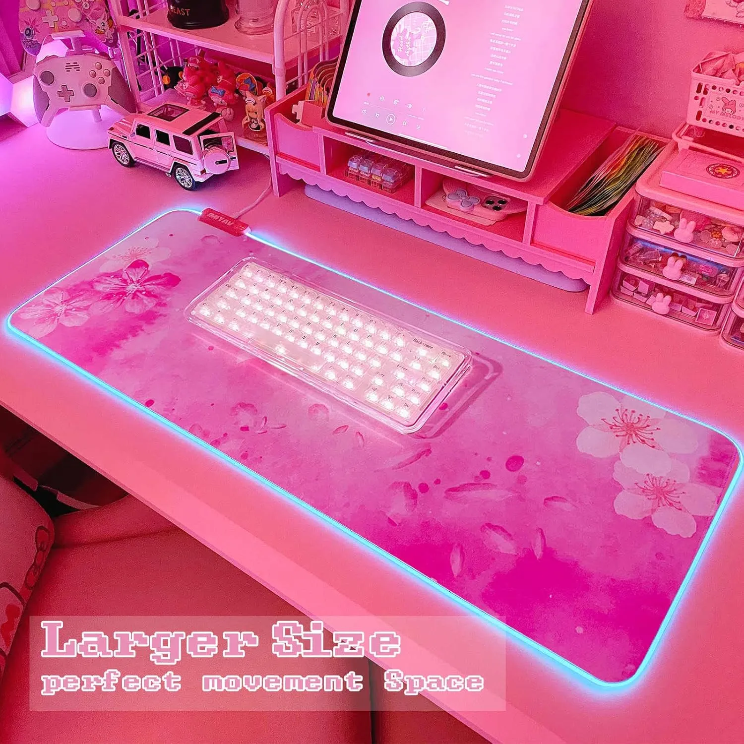 RGB Cherry Blossom Gaming Mouse Pad Pink 31.5x12 Inch PC XL Large Extended Glowing Led Light Up Desk Pad Non-Slip Rubber Base Computer Keyboard and Mouse Pad Cute Mousepad