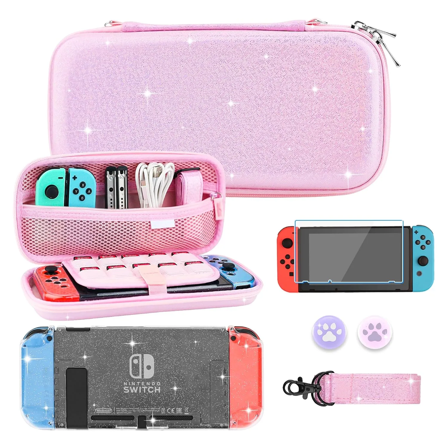 RHOTALL Glitter Pink Carrying Case for Nintendo Switch, Hard Portable Travel Case for Switch Accessories with Clear Glitter Protective Cover, Shoulder Strap, and 2 Thumb Caps