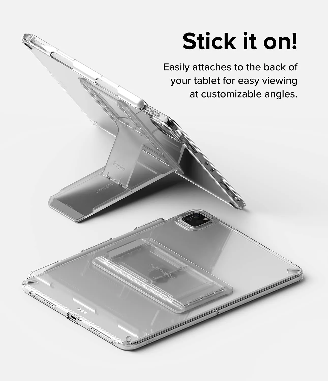 Ringke Outstanding Universal Tablet Stand Spring-Action Adjustable Slim Thin Kickstand Multi Angle Adhesive Holder for iPad, Android Tablets, E-Reader, and More - Clear Mist