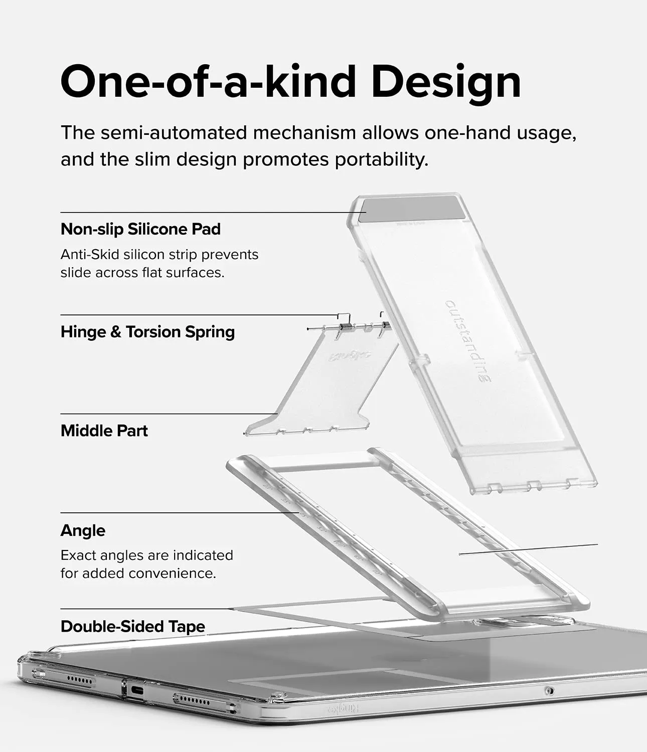 Ringke Outstanding Universal Tablet Stand Spring-Action Adjustable Slim Thin Kickstand Multi Angle Adhesive Holder for iPad, Android Tablets, E-Reader, and More - Clear Mist
