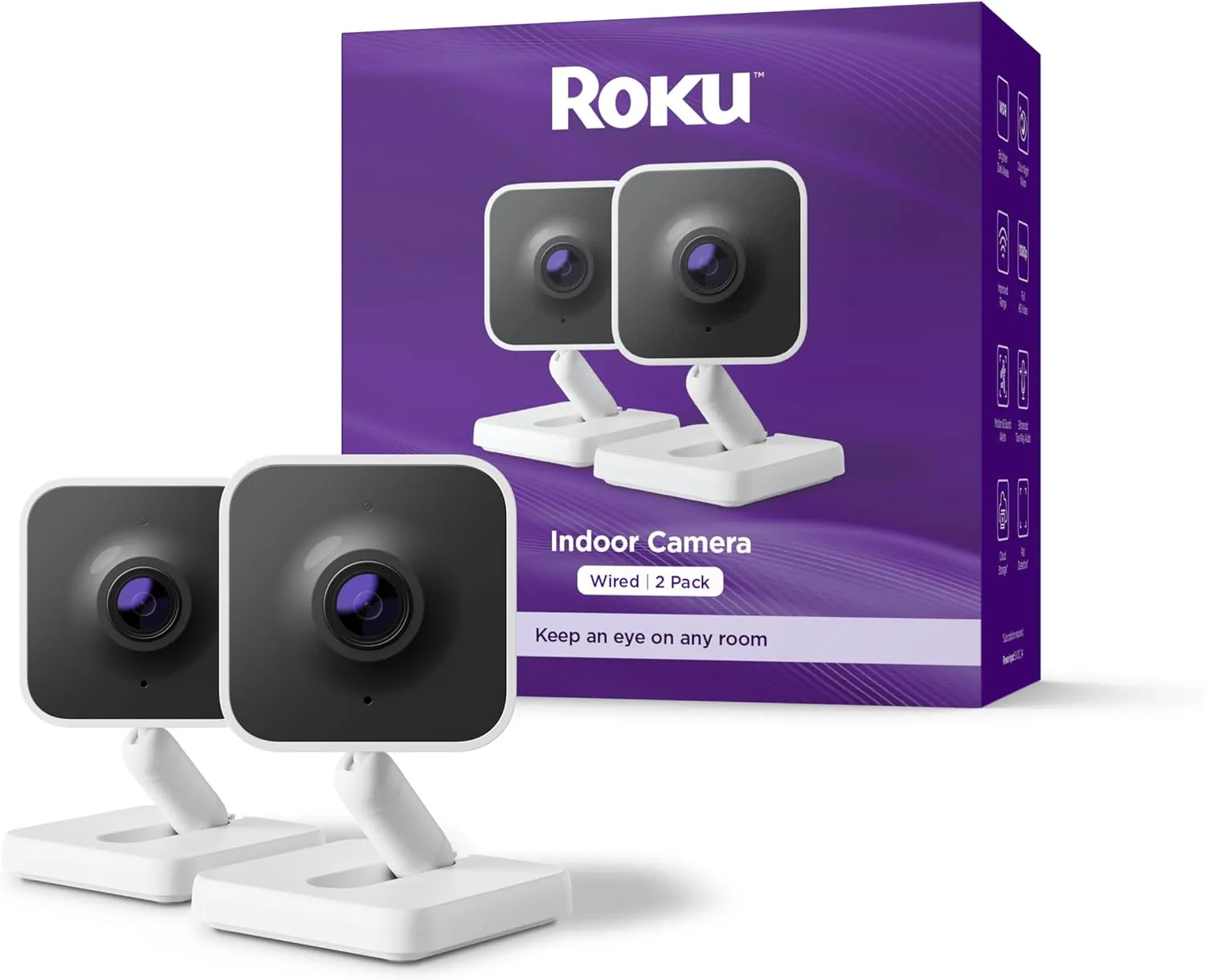 Roku New Indoor Camera 2024 - Home Security - 2-Pack - Wired Security Camera & Pet Monitor with 1080p HD Color Night Vision, Works with Alexa & Google, Motion & Sound Detection, WDR & WiFi 6