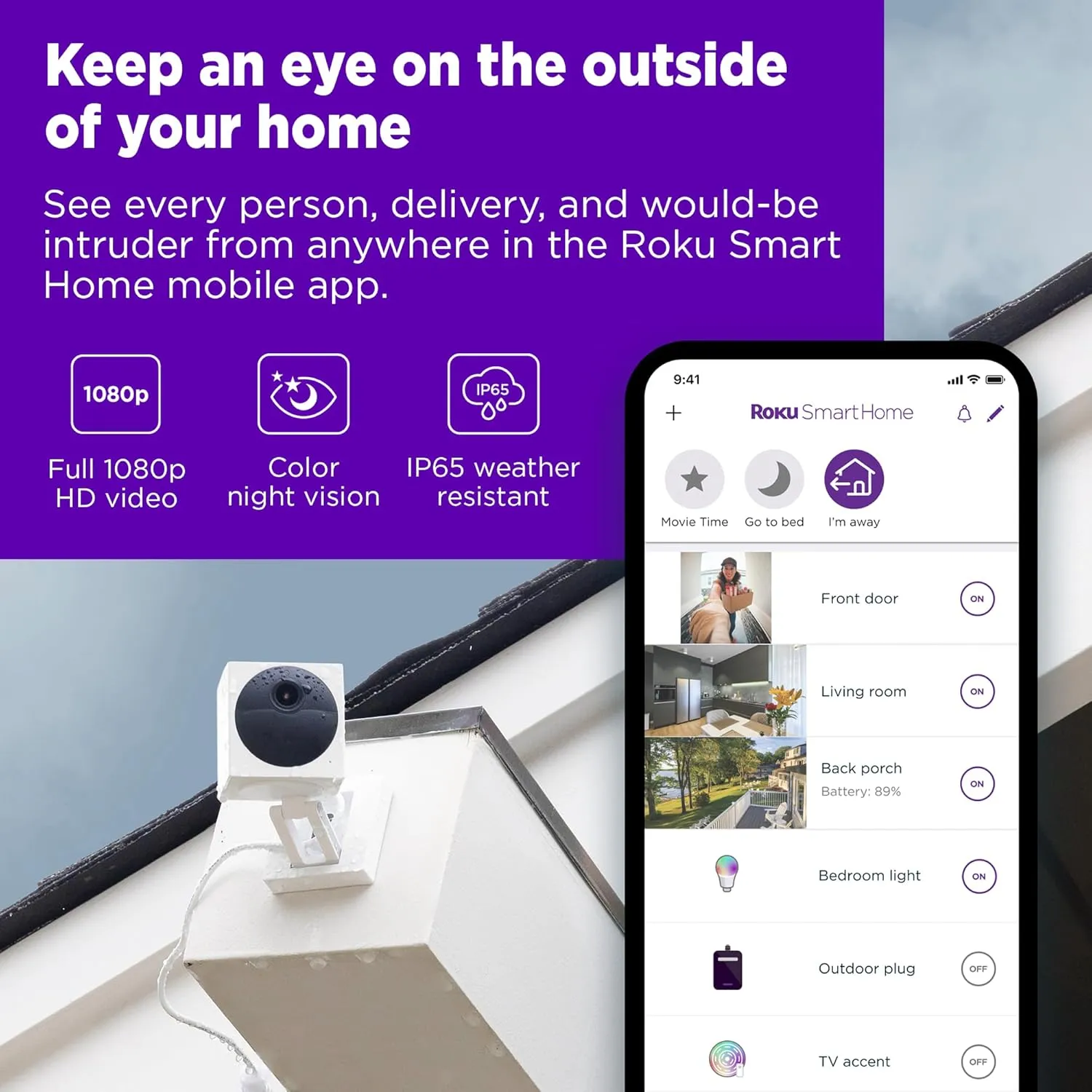 Roku Outdoor Camera for Home Security - IP65 Weather Resistance Wireless Security Camera with 1080p HD Night Vision, Works with Alexa & Google, Motion Detection - 90-Day Subscription Included, White