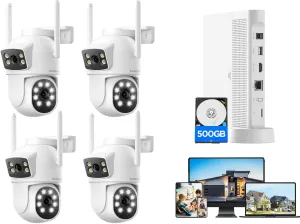 Security Cameras Wireless Outdoor, CAMCAMP Home Security Camera System with 2K Dual Lens Color Night Vision, Auto Tracking, 2-Way Audio, 500GB HDD, 2.4G/5G WiFi & 10CH Expandable NVR