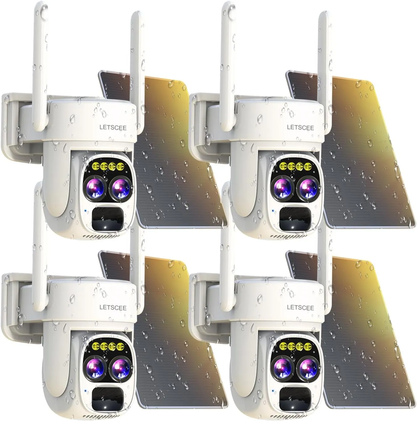 Security Cameras Wirelss Outdoor Solar Powered for Home Security, 360 View Outside Camera,Motion Detection,10x Hybrid Zoom PAN Tile,i IP-65 Weather Proof (4 Pack)