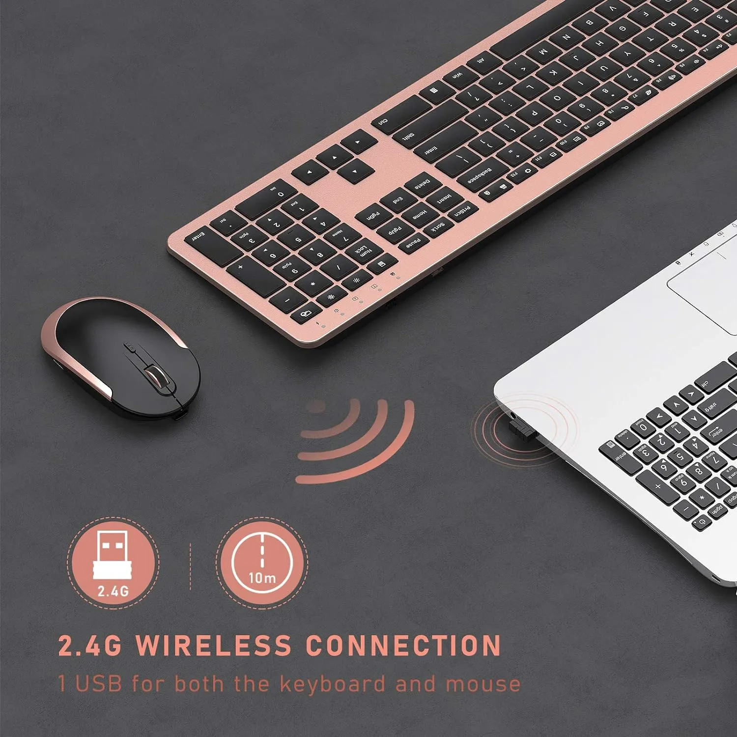 seenda Rechargeable Wireless Keyboard Mouse Combo Full Size Cordless Keyboard & Mouse Sets with Build-in Lithium Battery Ultra Thin Quiet Keyboard Mice (Rose Gold & Black)