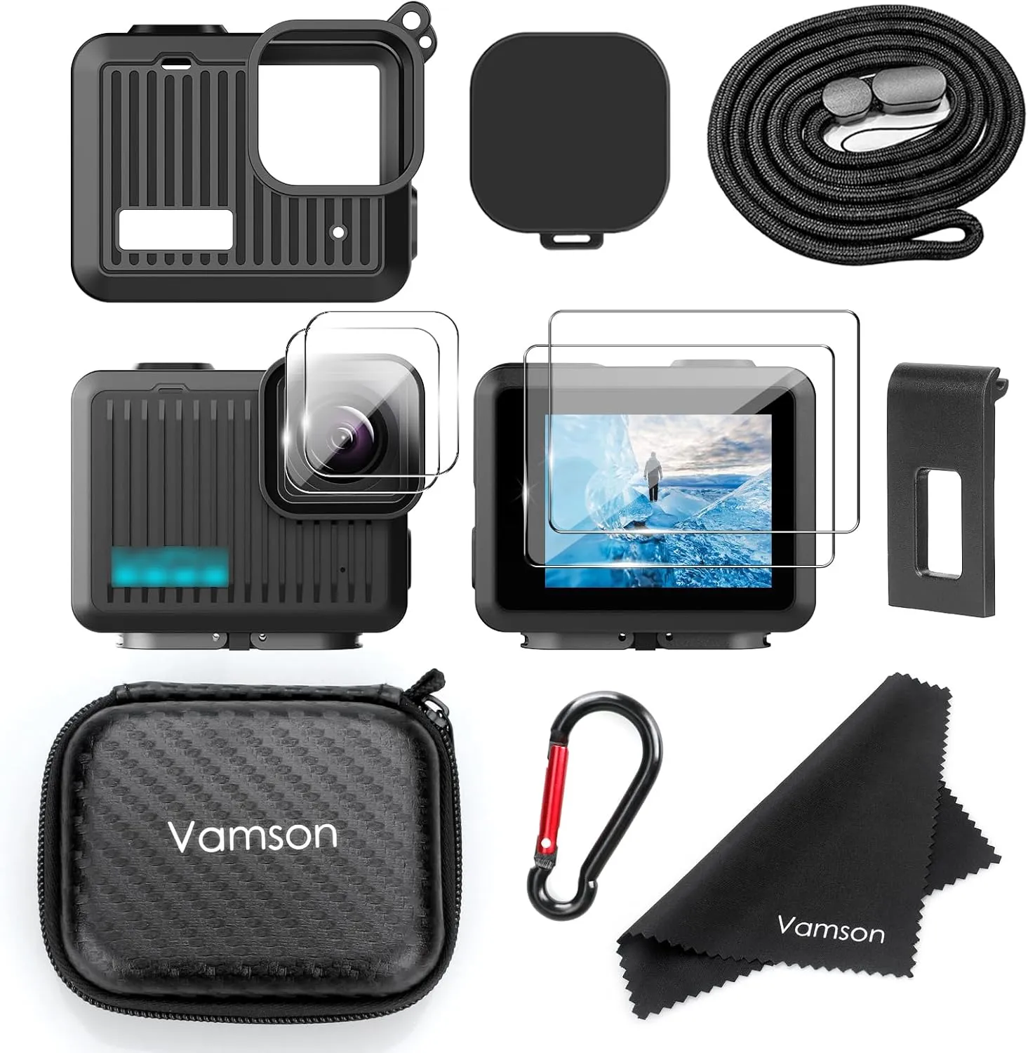Silicone Protective Case for Go Pro Hero, with Mini Storage Case, Battery Side Cover, Tempered Glass Protectors Film, Lens Caps and Lanyard for Go Pro Hero 4K Action Camera Accessories Kit