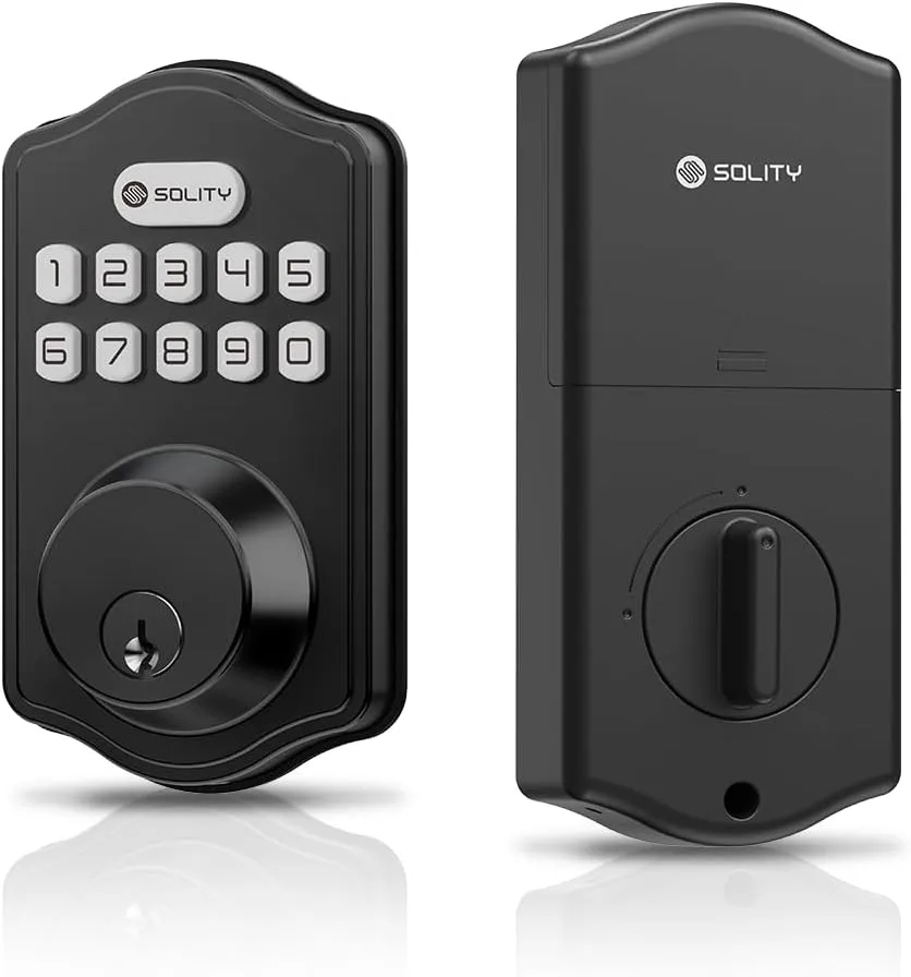 Solity Smart Digital Electronic Deadbolt Door Lock, Keyless Entry, Auto Lock, 100 Custom Codes, Easy Installation, Keypad for Front & Back Door, Residential & Commercial, AT1, Matte Black