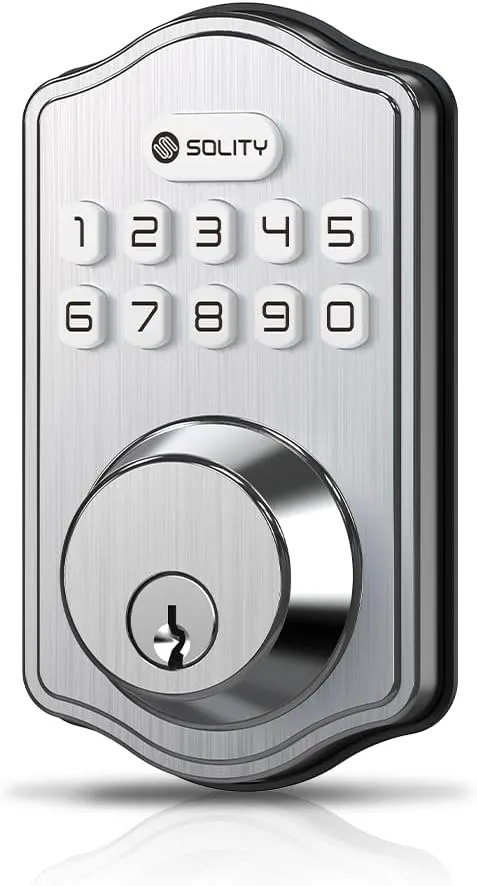 Solity Smart Digital Electronic Deadbolt Door Lock, Keyless Entry, Auto Lock, 100 Custom Codes, Easy Installation, Keypad for Front & Back Door, Residential & Commercial, AT1 (Satin Nickel)