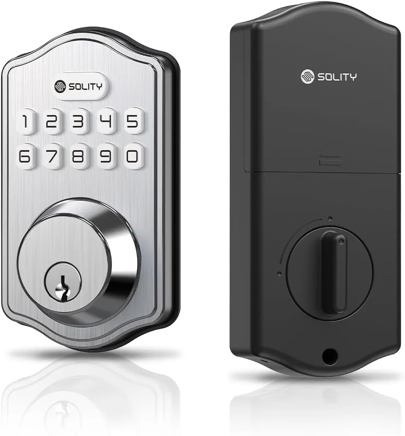 Solity Smart Digital Electronic Deadbolt Door Lock, Keyless Entry, Auto Lock, 100 Custom Codes, Easy Installation, Keypad for Front & Back Door, Residential & Commercial, AT1 (Satin Nickel)
