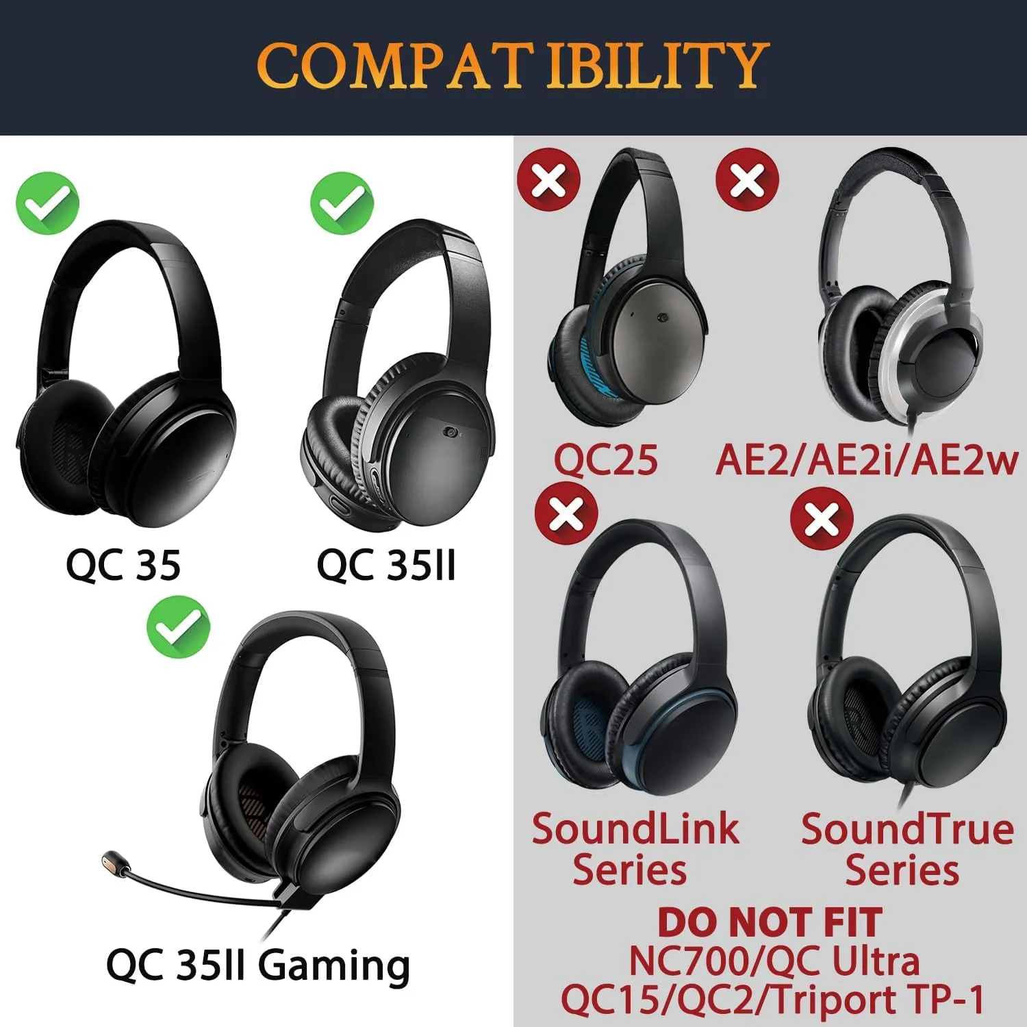 SOULWIT Ear Pads Cushions   Headband   Silicone Earpads Cover Protector, Replacement Kit for Bose QuietComfort 35 QC35, QC35 ii Over-Ear Headphones - Black Gold