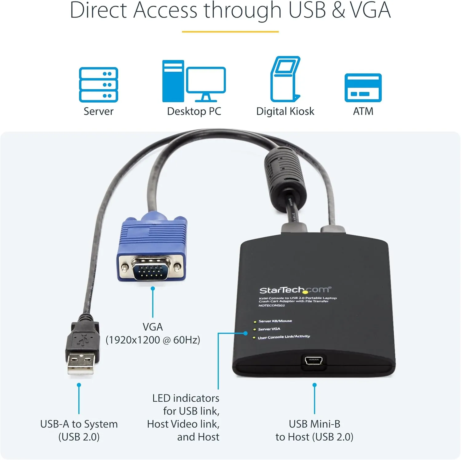 StarTech.com Portable Laptop Crash Cart Adapter, USB/VGA KVM Console, File Transfer & Video Capture, Windows/Linux/MacOS, TAA