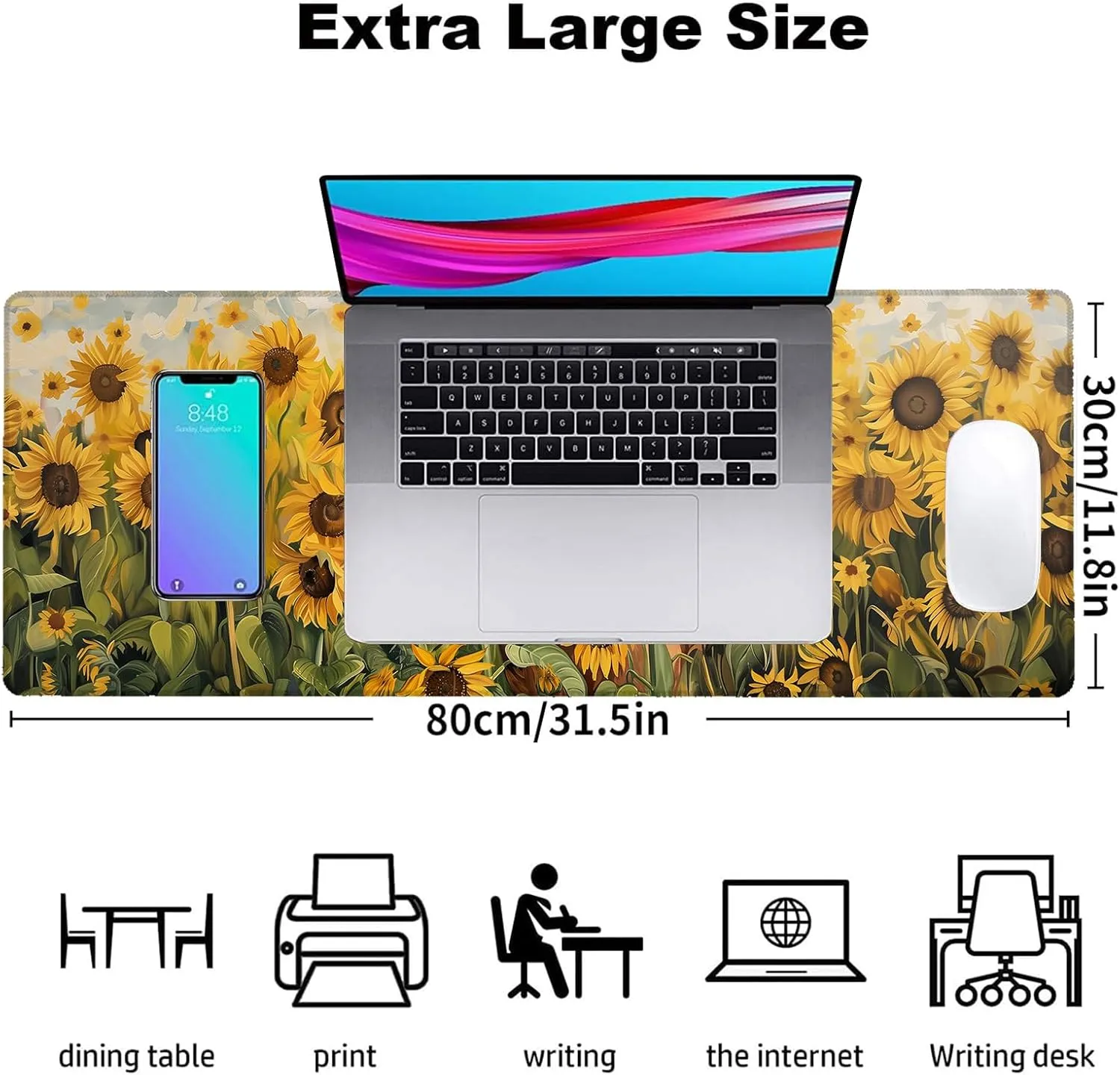 Sunflower Horse Gaming Mouse Pad, Office Desk Mat, Anti-Slip Rubber Base Cool Aesthetic Mouse Pads for Computer Laptop Keyboard School Home Desktop Gamer Home Accessories Decor 31.5" x 11.8"