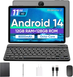 Tablet 11 inch Android 14 Tablet, 12GB RAM 128GB ROM, Octa-Core Tablets with Keyboard, GPS, 8000mAh, 800x1280 FHD Display, Dual Camera, WiFi, Bluetooth (Black)