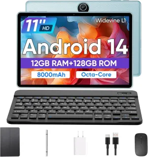 Tablet 11 inch Android 14 Tablet, 12GB RAM 128GB ROM, Octa-Core Tablets with Keyboard, GPS, 8000mAh, 800x1280 FHD Display, Dual Camera, WiFi, Bluetooth (Blue)