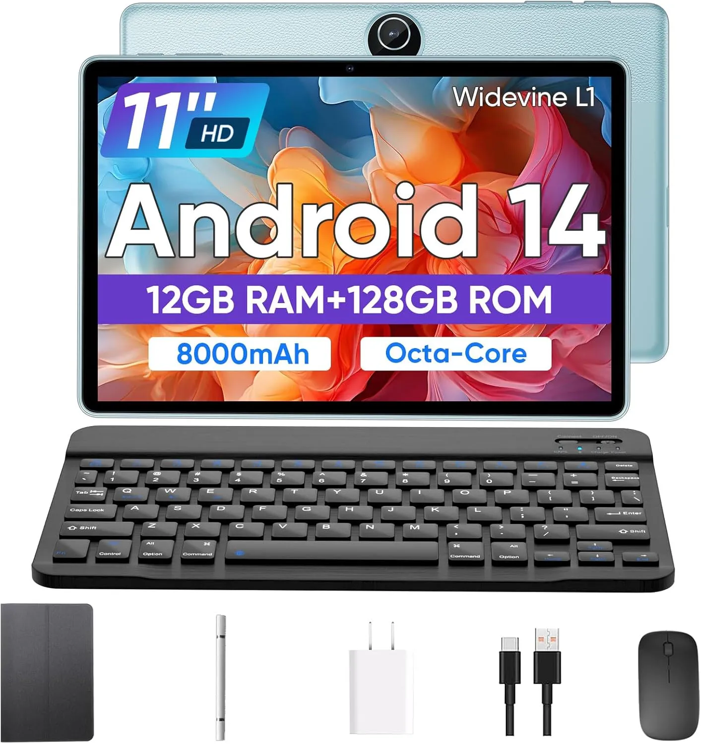 Tablet 11 inch Android 14 Tablet, 12GB RAM 128GB ROM, Octa-Core Tablets with Keyboard, GPS, 8000mAh, 800x1280 FHD Display, Dual Camera, WiFi, Bluetooth (Blue)