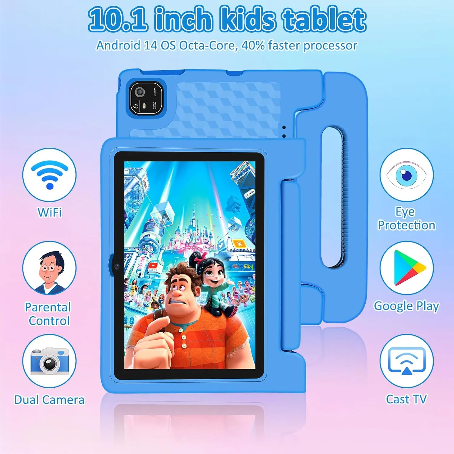 Tablet for Kids, 10.1 inch IPS HD Touchscreen Android 14 64 GB Storage, 8GB RAM, Octa Core Kids Tablet, Parental Controls, 12-hr Battery, WiFi, GPS - Blue