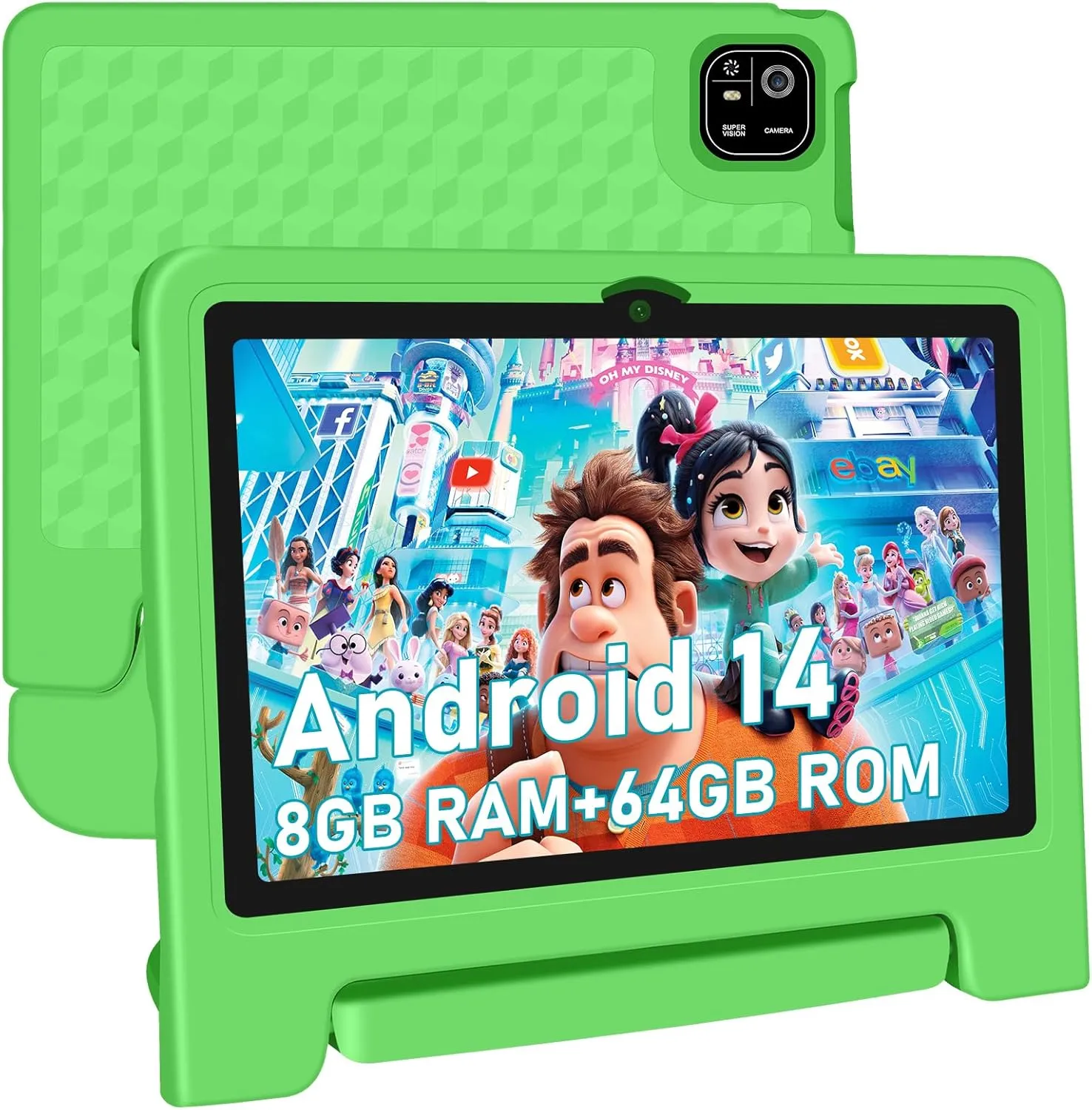 Tablet for Kids, 10.1 inch IPS HD Touchscreen Android 14 64 GB Storage, 8GB RAM, Octa Core Kids Tablet, Parental Controls, 12-hr Battery, WiFi, GPS - Green