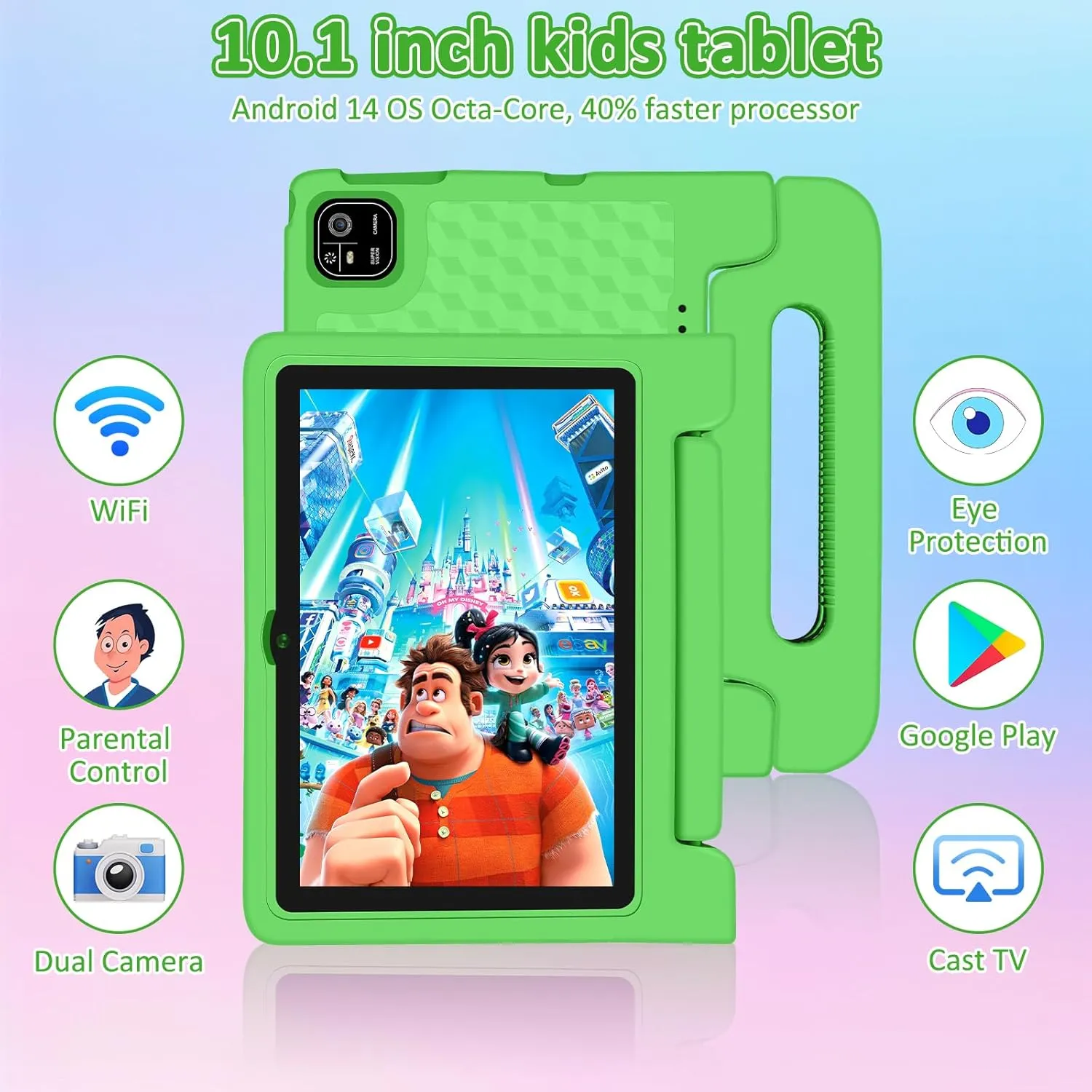 Tablet for Kids, 10.1 inch IPS HD Touchscreen Android 14 64 GB Storage, 8GB RAM, Octa Core Kids Tablet, Parental Controls, 12-hr Battery, WiFi, GPS - Green