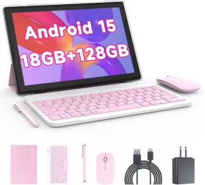 Tablet with Keyboard Android 15 Tablets 2 in 1 Tablet 18GB 128GB Supports 2TB Expansion 10 inch Tablets Include Case Mouse Stylus 6000mAh Battery 2MP 8MP Dual Camera 5G-WiFi-6 Bluetooth 10.1" Tableta