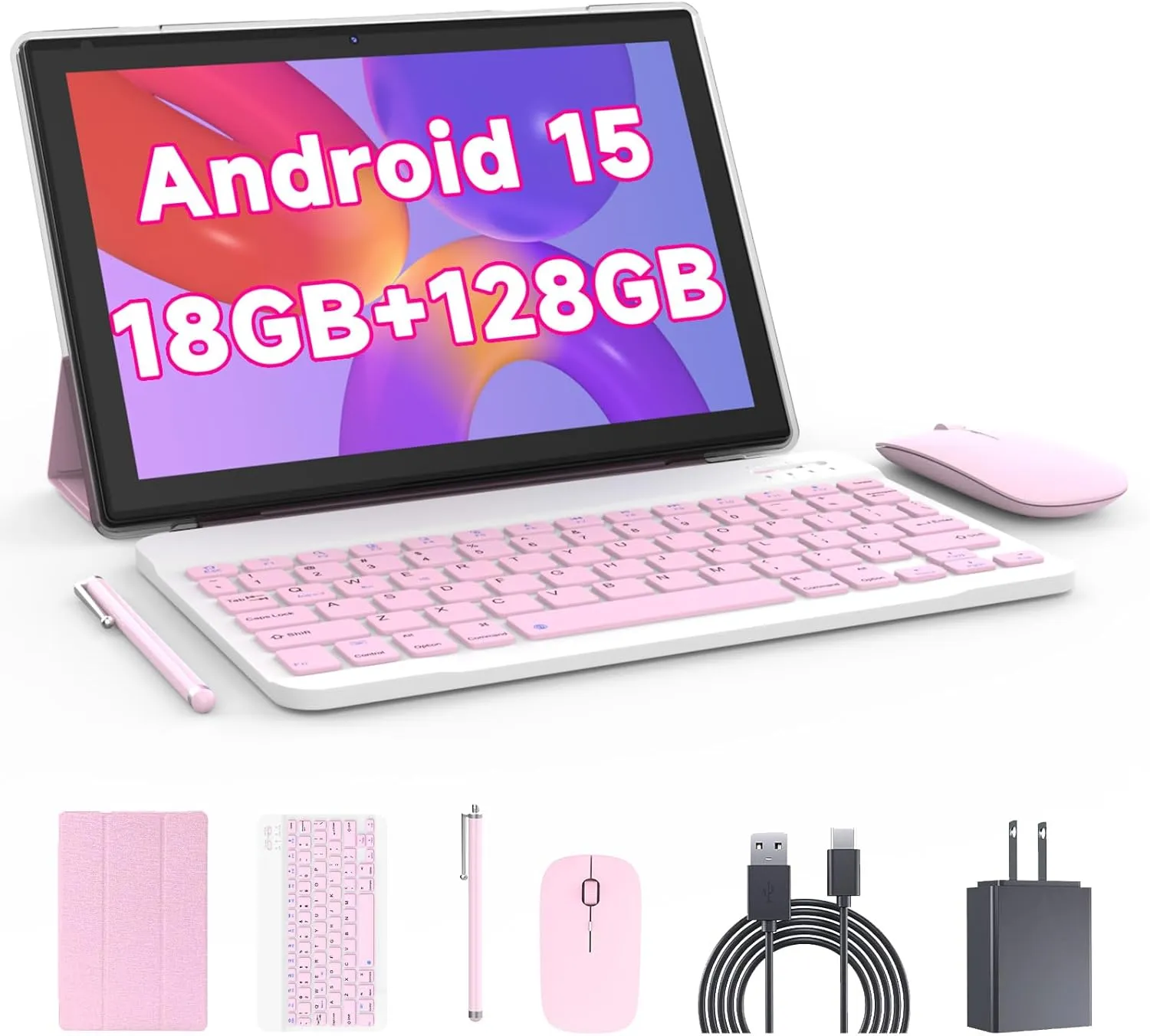 Tablet with Keyboard Android 15 Tablets 2 in 1 Tablet 18GB 128GB Supports 2TB Expansion 10 inch Tablets Include Case Mouse Stylus 6000mAh Battery 2MP 8MP Dual Camera 5G-WiFi-6 Bluetooth 10.1" Tableta