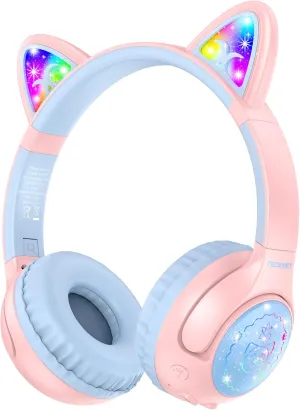 TECKNET Cat Ear Kids Bluetooth Headphones, Kids Headphones Wireless 70H Playtime, 74/85/94dB Volume Limiting, Bluetooth 5.3, Built-in Mic, LED Light-Up, Ideal for iPad, PC, School, Travel, Gift