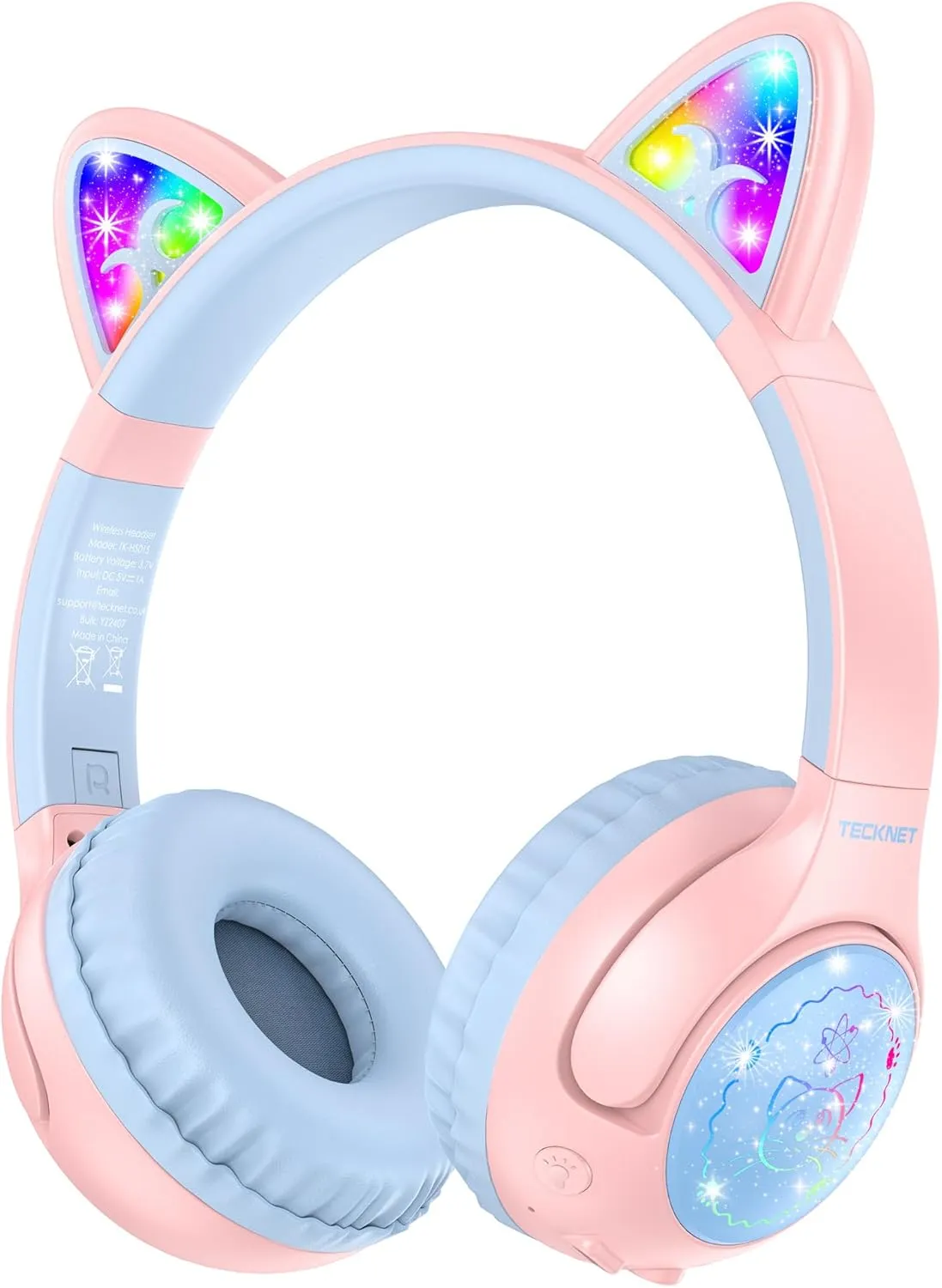 TECKNET Cat Ear Kids Bluetooth Headphones, Kids Headphones Wireless 70H Playtime, 74/85/94dB Volume Limiting, Bluetooth 5.3, Built-in Mic, LED Light-Up, Ideal for iPad, PC, School, Travel, Gift