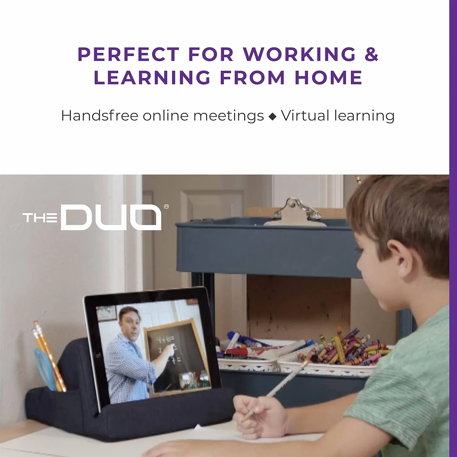 THE DUO Tablet Stand, Pillow Stand Holder, Purple, iPad, Book, Kindle, Premium Memory Foam, Accessory for Travel Car Bed or Tabletop, 2 Viewing Angles, Removeable Washable Cover & 2 Side Pockets