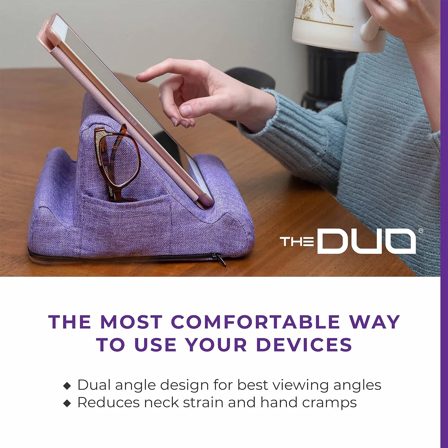 THE DUO Tablet Stand, Pillow Stand Holder, Purple, iPad, Book, Kindle, Premium Memory Foam, Accessory for Travel Car Bed or Tabletop, 2 Viewing Angles, Removeable Washable Cover & 2 Side Pockets