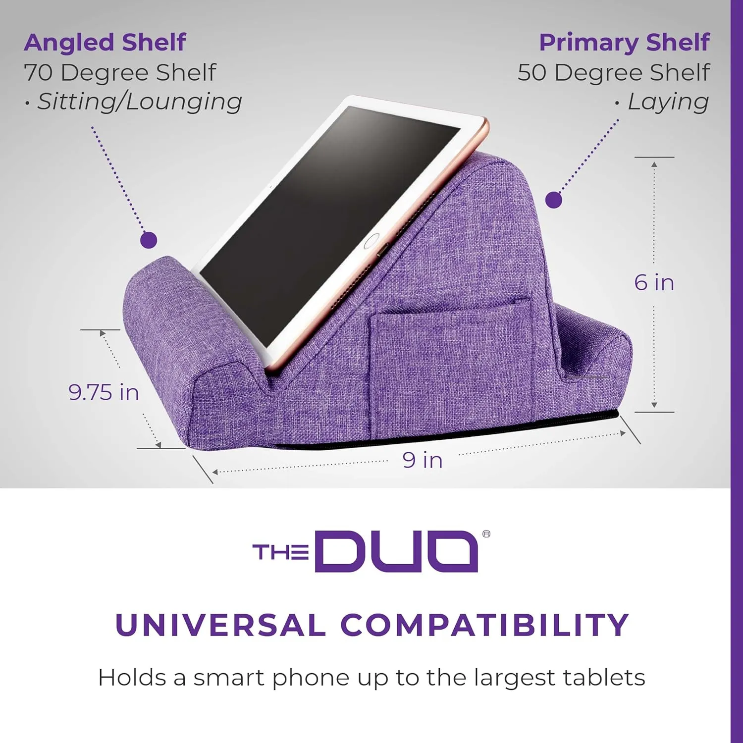 THE DUO Tablet Stand, Pillow Stand Holder, Purple, iPad, Book, Kindle, Premium Memory Foam, Accessory for Travel Car Bed or Tabletop, 2 Viewing Angles, Removeable Washable Cover & 2 Side Pockets