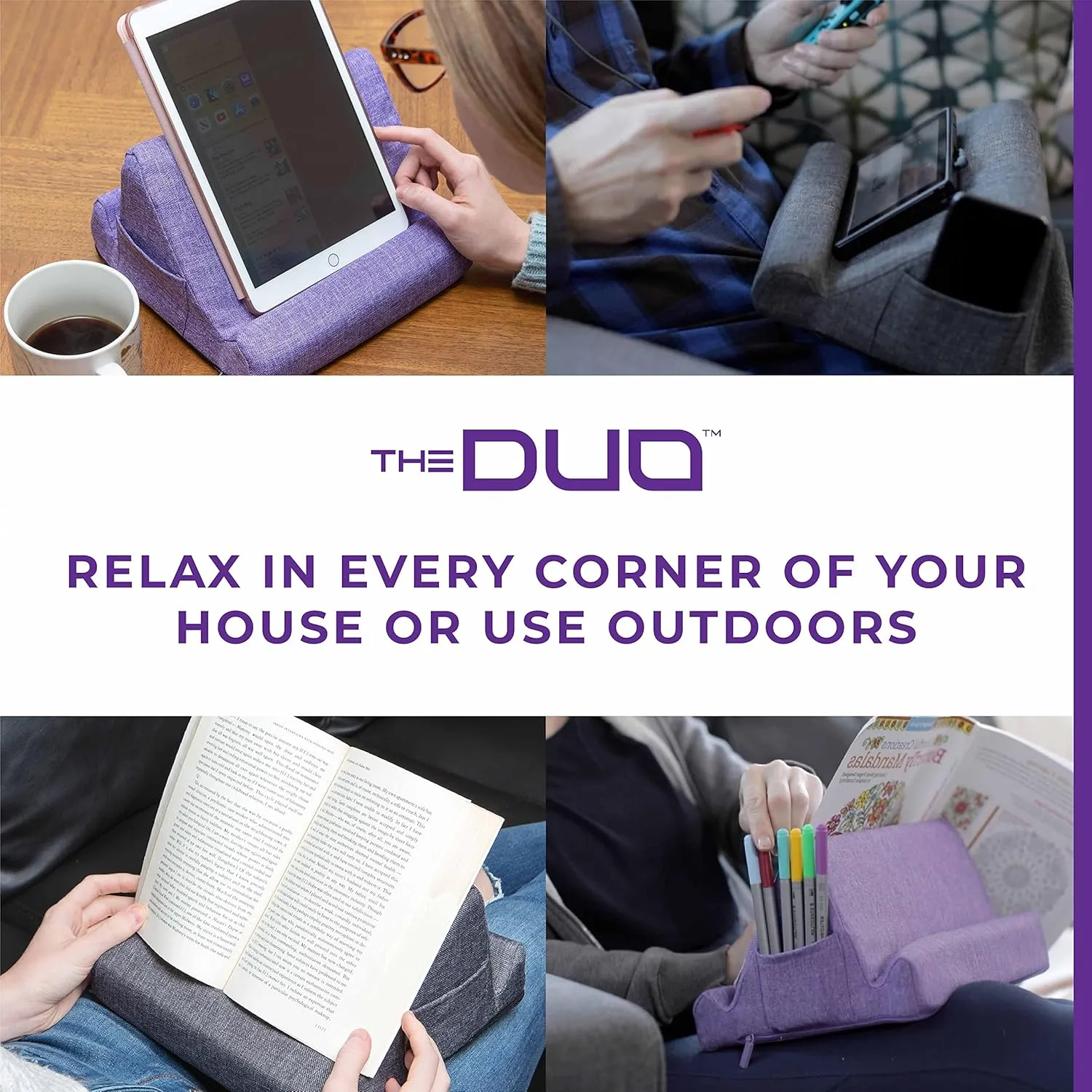 THE DUO Tablet Stand, Pillow Stand Holder, Purple, iPad, Book, Kindle, Premium Memory Foam, Accessory for Travel Car Bed or Tabletop, 2 Viewing Angles, Removeable Washable Cover & 2 Side Pockets