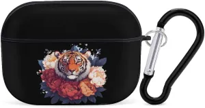 Tiger Peony Flowers Earbud Case Bluetooth Headphone Case Full Protective Case with Keychain Compatible with Airpods Pro Black-Style