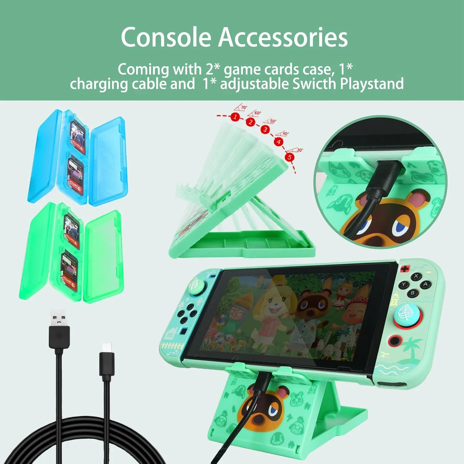 TIKOdirect Carrying Case for Switch, Cute Portable Travel Bag Accessories with Protective Cover, Screen Protectors, Stand, Game Card Holder and Thumb Grip caps[Keychain Gift], Animal Crossing