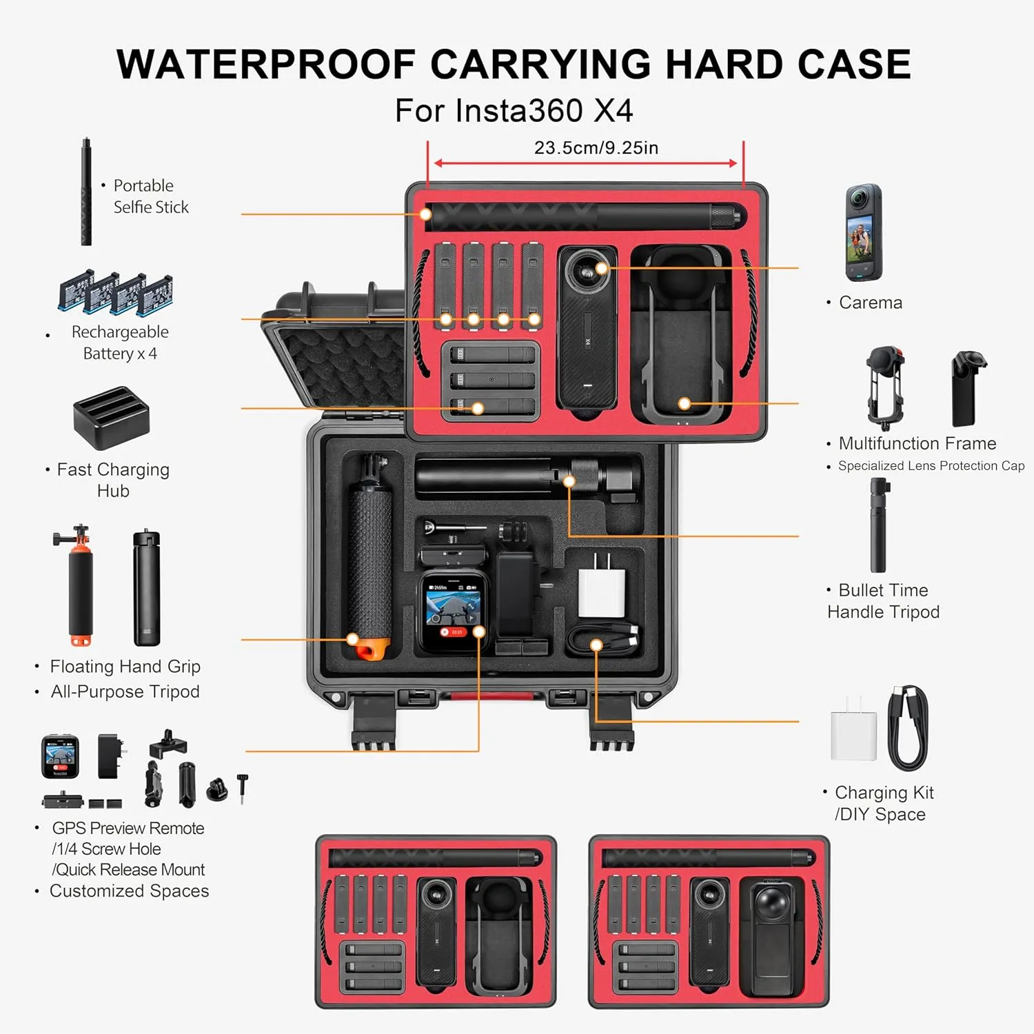 Tomat Waterproof Case for Insta360 X4, Double Layers,Shockproof, IP67,Large Capacity Carrying Case for Insta360 X4 X3 Camera and Accessories, Elegant Black
