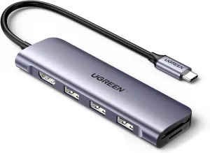 UGREEN Revodok USB C Hub 6 in 1 USB C Dongle 4K HDMI, 3 USB 3.0 Ports, SD/TF Card Reader Compatible with MacBook Pro, MacBook Air, iPad, iPhone 16 15 Pro/Pro Max. Space Grey