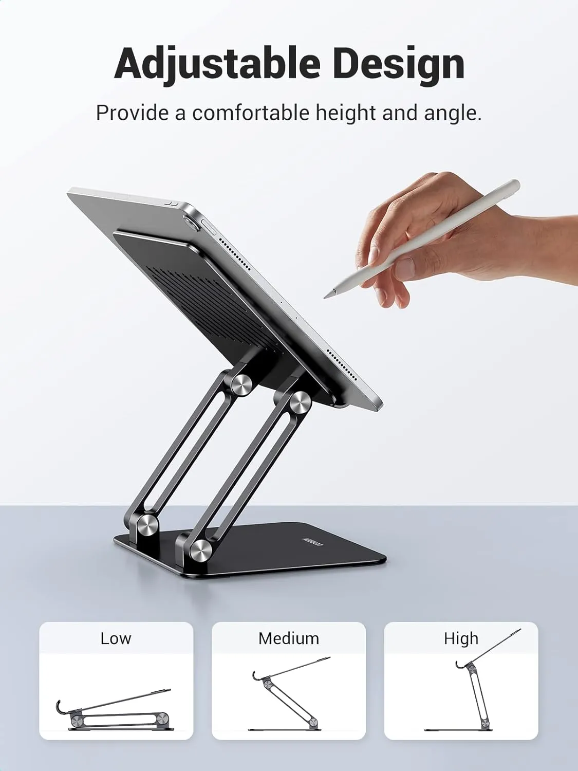 UGREEN Tablet Stand Holder for Desk Dual Rod Support Aluminum Tablet Holder Adjustable Multi-Angle Home Office Accessories Compatible with iPad Pro 13 12 11 10.5 Air Mini 5 4 3 2 Phone E-Reader Black