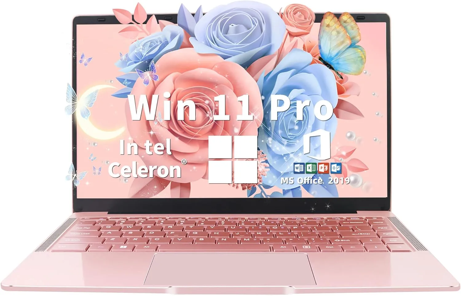 Ultra Light and Portable 14" Rose Gold Laptop -Win11 Pro/Office 2019, Celeron J4105, FHD IPS Display, 6GB RAM, 180 Hinge/HDMI/WiFi/BT - Perfect for Travel, Work, Study, and Play! (128G SSD)