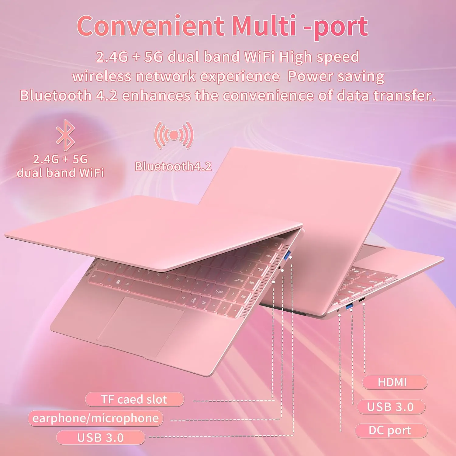 Ultra Light and Portable 14"" Rose Gold Laptop -Win11 Pro/Office 2019, Celeron J4105, FHD IPS Display, 6GB RAM, 180 Hinge/HDMI/WiFi/BT - Perfect for Travel, Work, Study, and Play! (512G SSD)