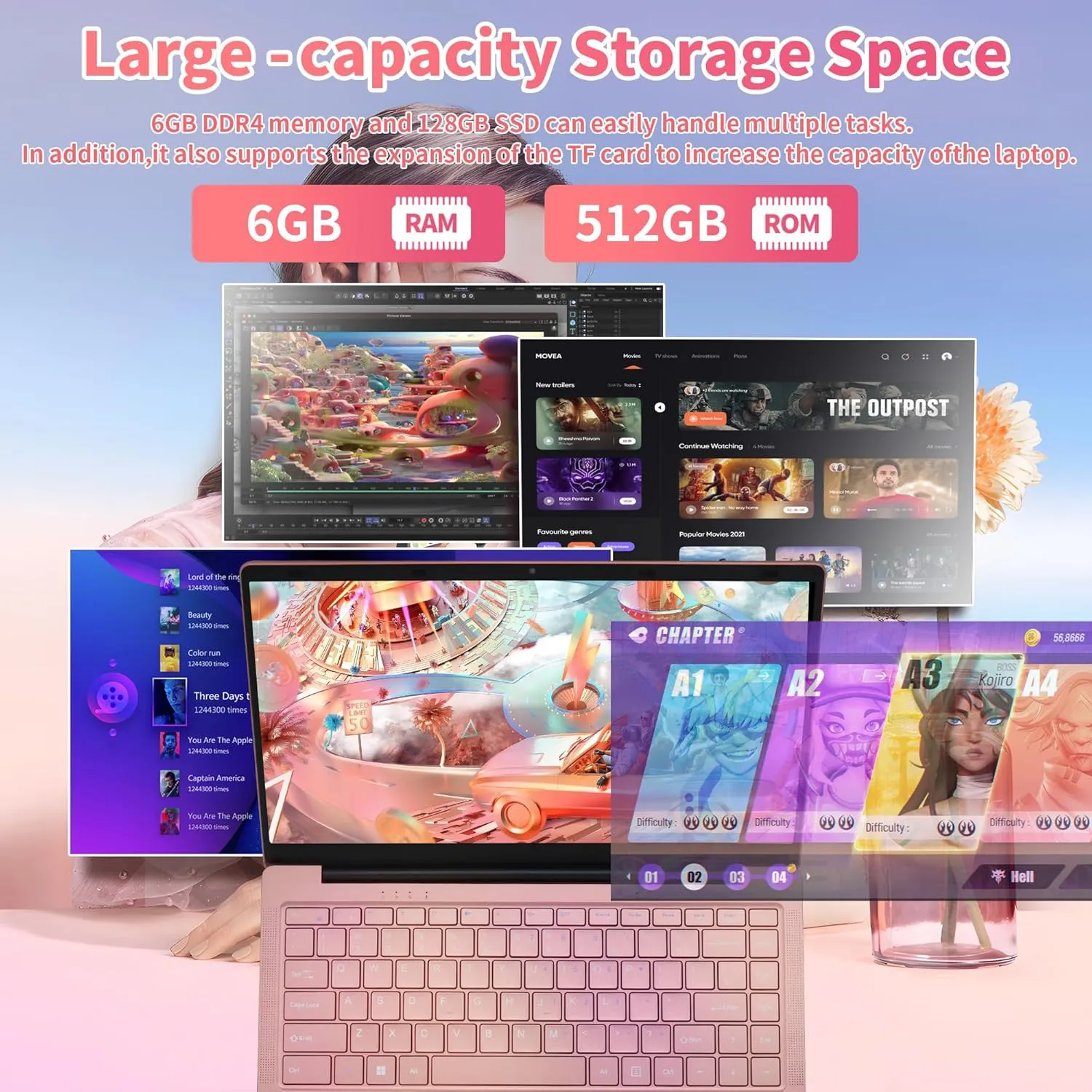 Ultra Light and Portable 14"" Rose Gold Laptop -Win11 Pro/Office 2019, Celeron J4105, FHD IPS Display, 6GB RAM, 180 Hinge/HDMI/WiFi/BT - Perfect for Travel, Work, Study, and Play! (512G SSD)