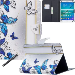 Universal Case for 6.5-7.5'' Tablet, Newshine Colorful Wallet Stand Cover for 7.0'' Samsung Galaxy Tablet, Amazon Kindle Fire 7/HDX 7 and Other Around 7 Inch Models - Blue&White Butterfly