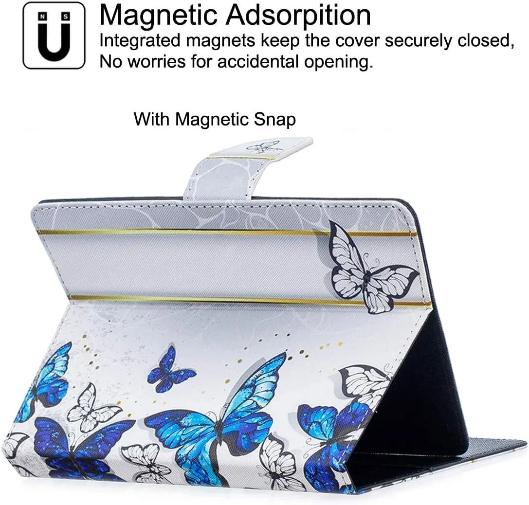 Universal Case for 6.5-7.5'' Tablet, Newshine Colorful Wallet Stand Cover for 7.0'' Samsung Galaxy Tablet, Amazon Kindle Fire 7/HDX 7 and Other Around 7 Inch Models - Blue&White Butterfly