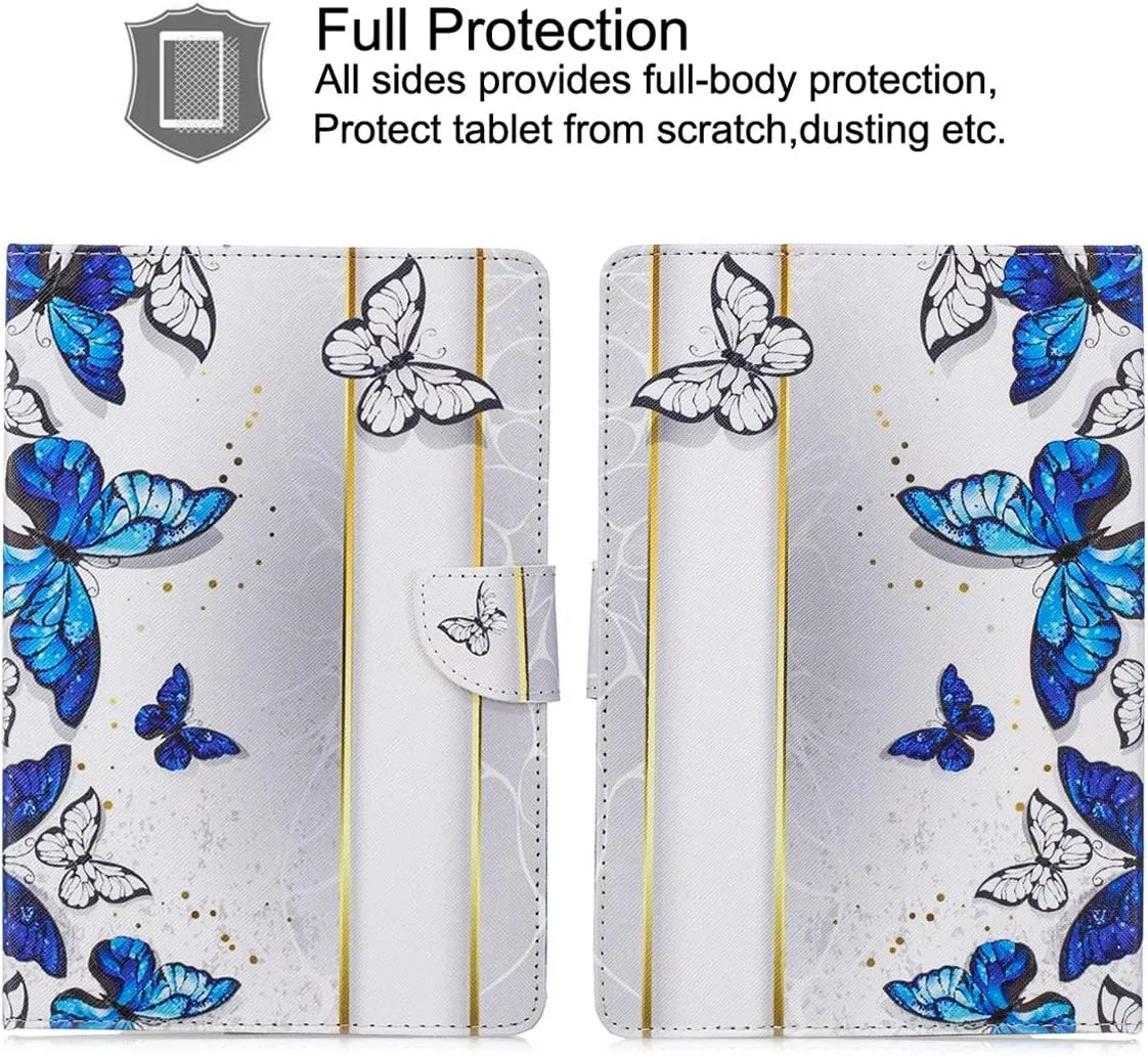 Universal Case for 6.5-7.5'' Tablet, Newshine Colorful Wallet Stand Cover for 7.0'' Samsung Galaxy Tablet, Amazon Kindle Fire 7/HDX 7 and Other Around 7 Inch Models - Blue&White Butterfly