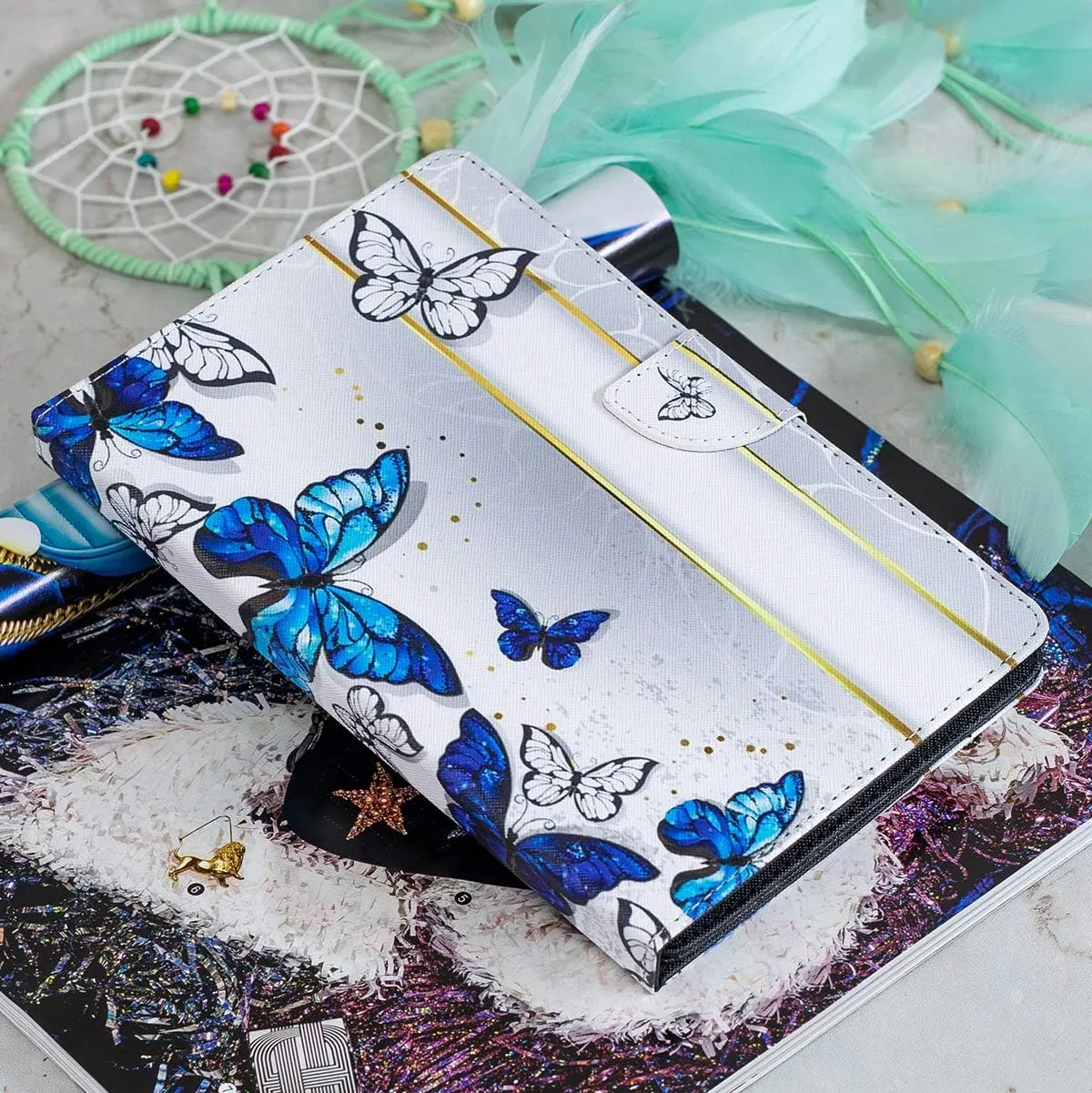 Universal Case for 6.5-7.5'' Tablet, Newshine Colorful Wallet Stand Cover for 7.0'' Samsung Galaxy Tablet, Amazon Kindle Fire 7/HDX 7 and Other Around 7 Inch Models - Blue&White Butterfly
