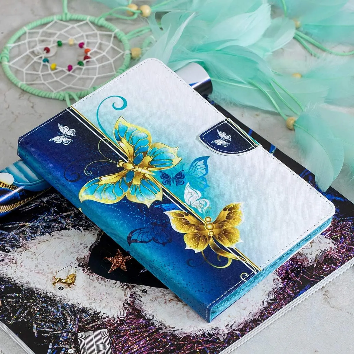 Universal Case for 6.5-7.5'' Tablet, Newshine Colorful Wallet Stand Cover for 7.0'' Samsung Galaxy Tablet, Amazon Kindle Fire 7/HDX 7 and Other Around 7 Inch Models - Butterfly-Golden