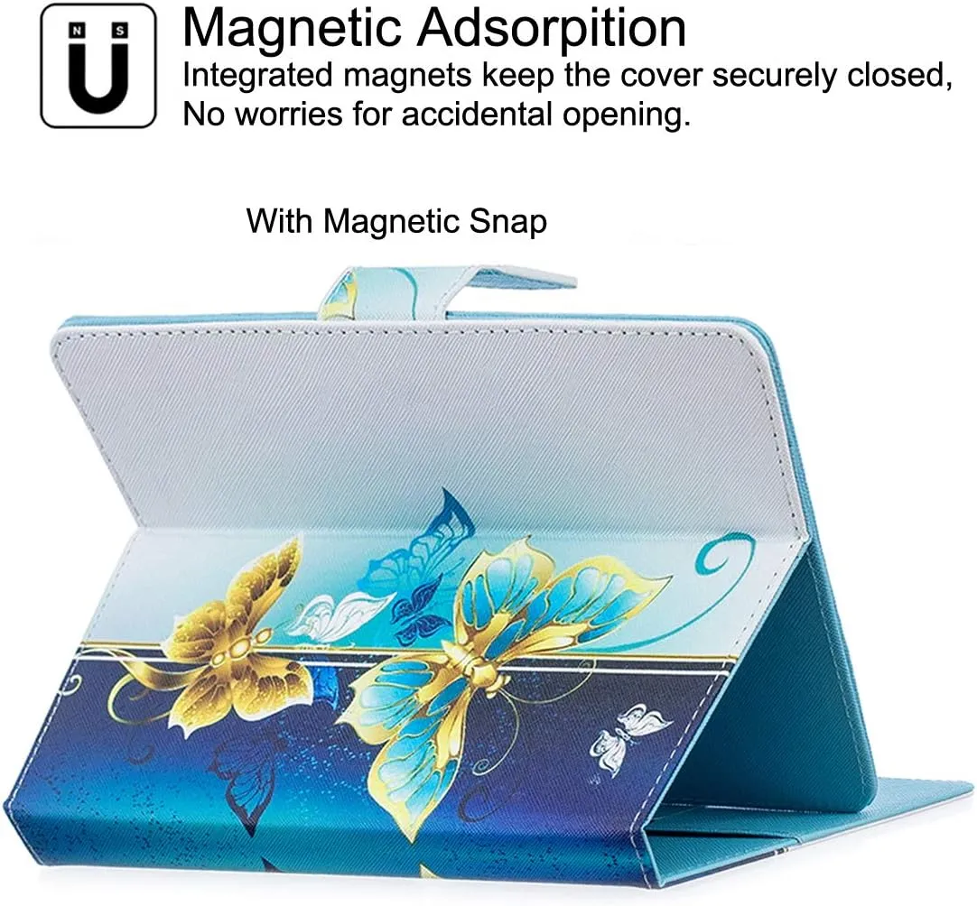 Universal Case for 6.5-7.5'' Tablet, Newshine Colorful Wallet Stand Cover for 7.0'' Samsung Galaxy Tablet, Amazon Kindle Fire 7/HDX 7 and Other Around 7 Inch Models - Butterfly-Golden
