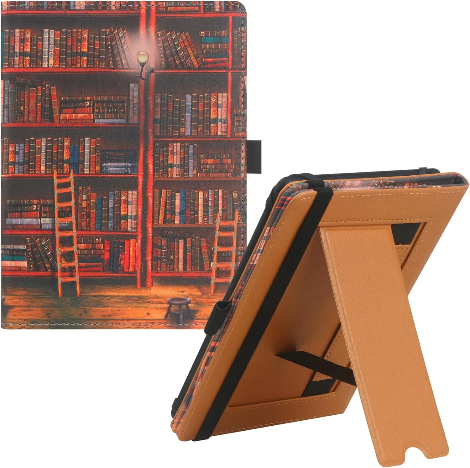 Universal Case for 6",6.8" E-Reader, Compatible with Paperwhite/Sony/kobo/Pocketbook/Nook/tolino 6-6.8inch ebook Reader,Premium PU Leather Cover with Hand Strap and Foldable Stand,Library