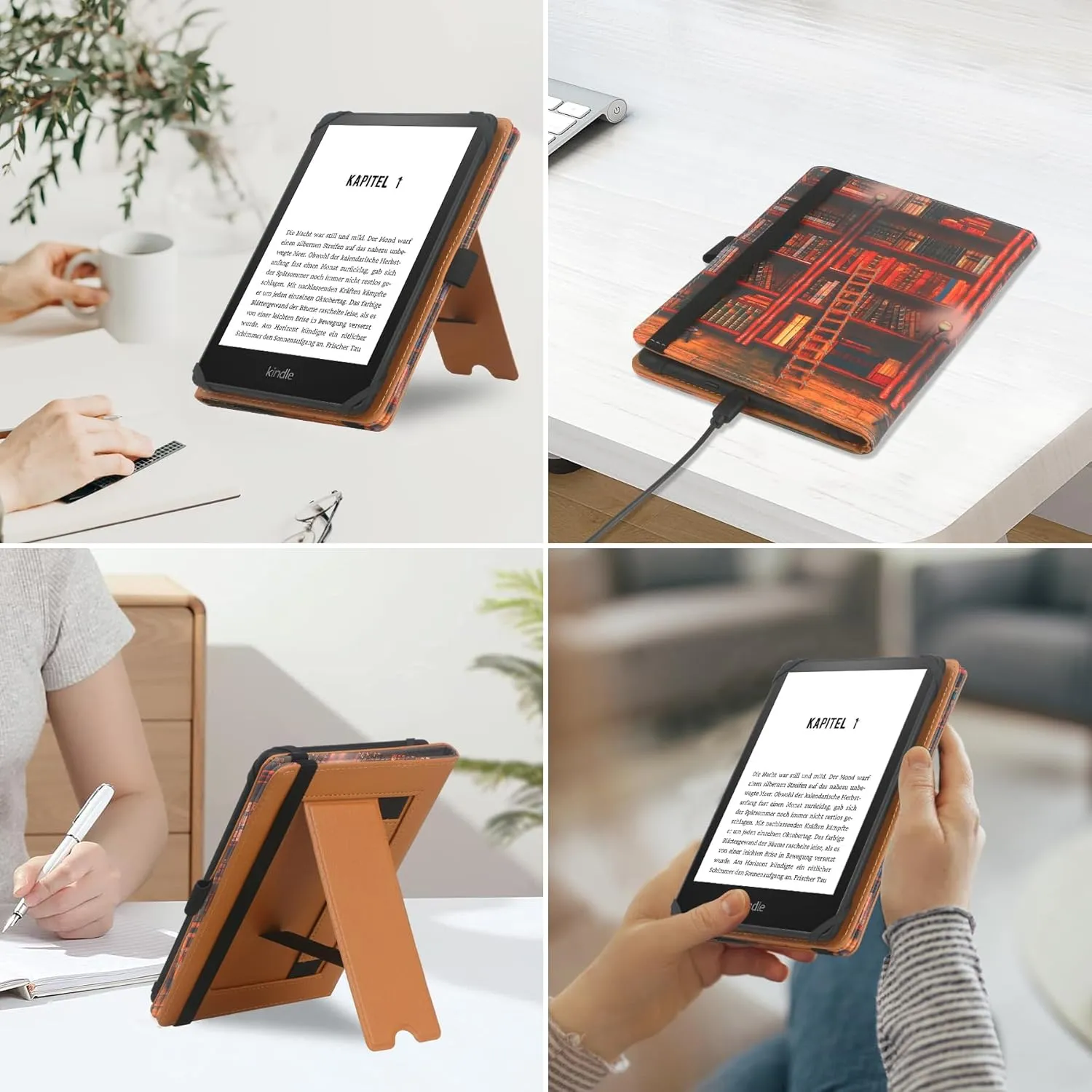 Universal Case for 6",6.8" E-Reader, Compatible with Paperwhite/Sony/kobo/Pocketbook/Nook/tolino 6-6.8inch ebook Reader,Premium PU Leather Cover with Hand Strap and Foldable Stand,Library
